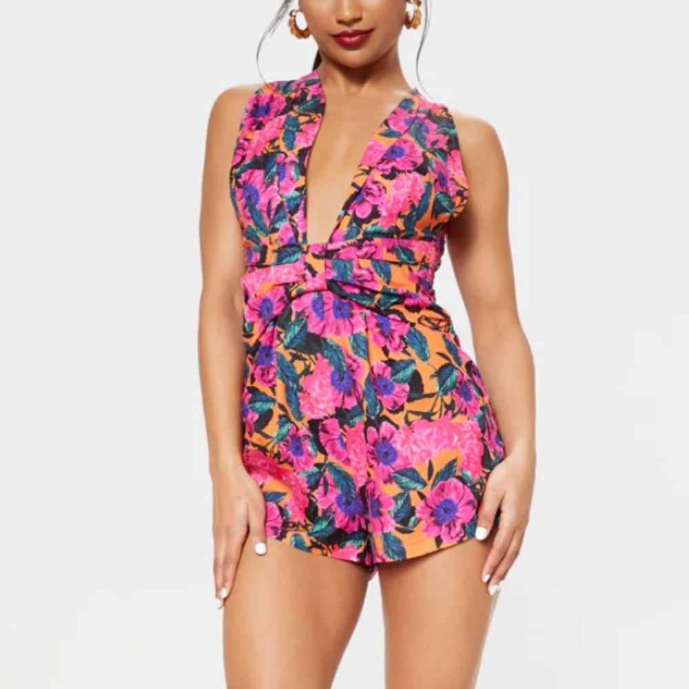 PLT Floral Print Plunge Pleated Waist Playsuit